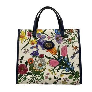 Gucci Flora Handbag 550141 White Navy Multi Canvas Leather